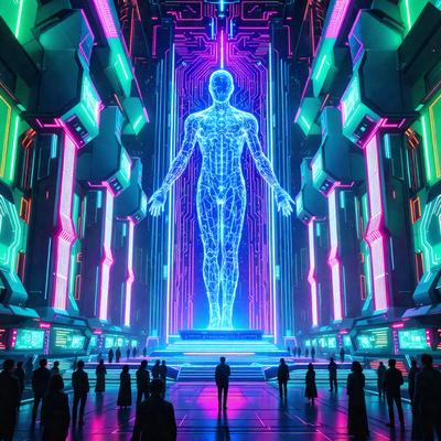 The primary subject of the image is a large, blue, glowing robot statue. The statue is located in a futuristic setting, surrounded by a group of people who are walking around and observing the statue. The visual style of the image is digital art, with the robot statue and the people's outfits appearing to be digitally rendered. The colors and mood of the image are predominantly blue and futuristic, creating a sense of wonder and curiosity.
